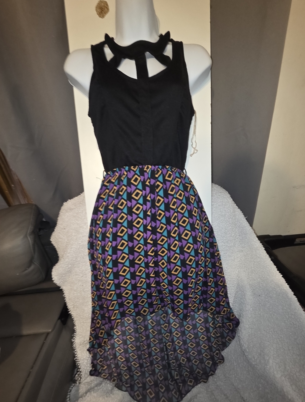 Black Halter Bodice Dress with Geometric Print Skirt Size Small